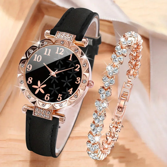 2pc Women's PU Leather Quartz Watch & Bracelet Gift Set